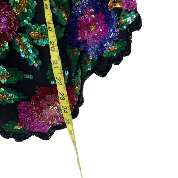 Vintage 90s Laurence Kazar Black Multicolor Floral Sequin Silk Short Sleeve Top - Picture 6 of 8